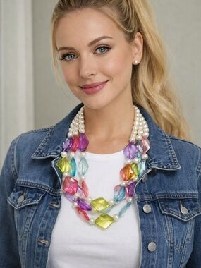 NEW ❤️❤️❤️Multi-Color Lucite Statement Necklace with Pearls